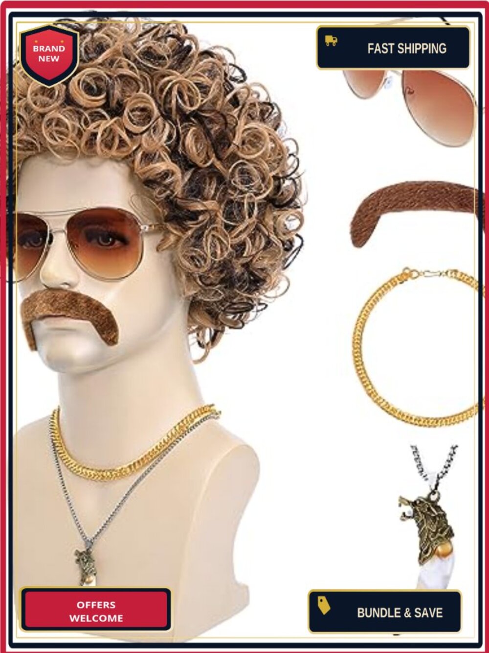 70s Disco Wig Set with Mustache Glasses Chain Necklace Mens Costume